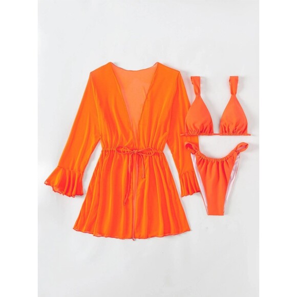 Medium 3 Piece Neon Orange Bikini Set Triangle Bra Top & Thong & Kimono Swimsuit - Picture 1 of 6